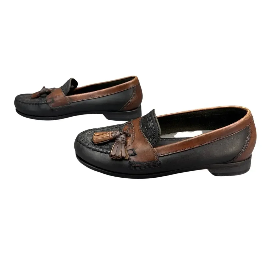 Johnston & Murphy Hayes Black Brown Leather Woven Tassel Slip-On Loafers Men 8